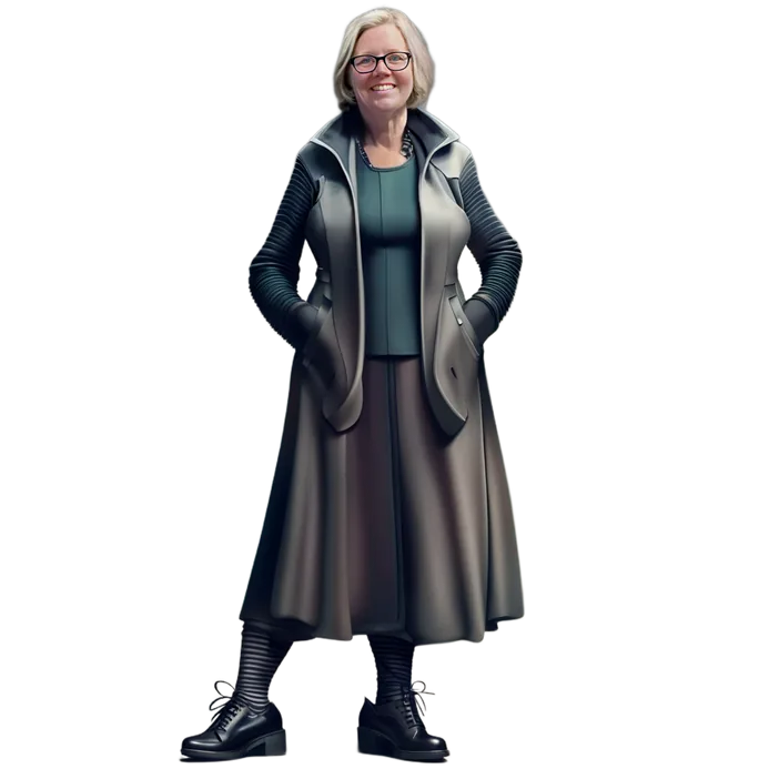 Anvu Harlacker in a dark futuristic coat