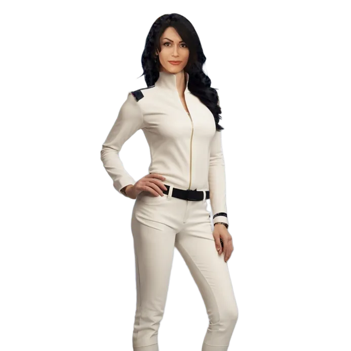 Joanna Harlacker in a white science fiction uniform