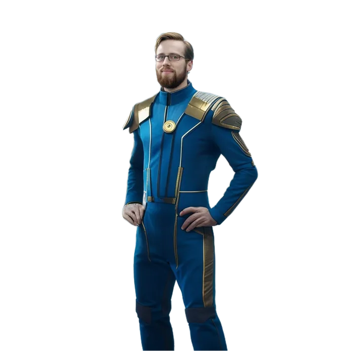 Henrik Harlacker in a blue and gold science fiction uniform