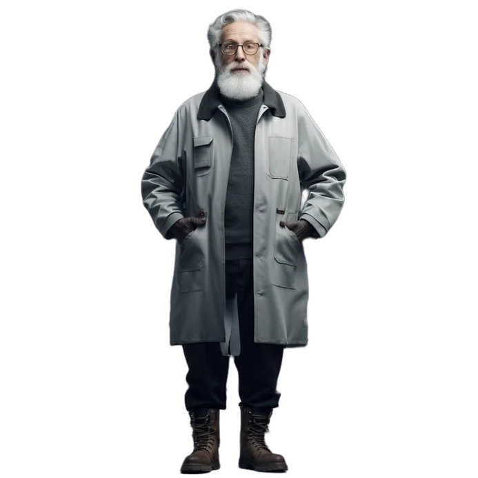 Davood, older chief engineer in a gray coat