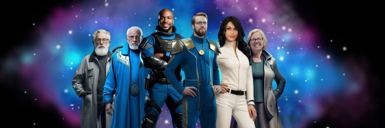Origin Andromeda characters standing against a blue and violet starfield