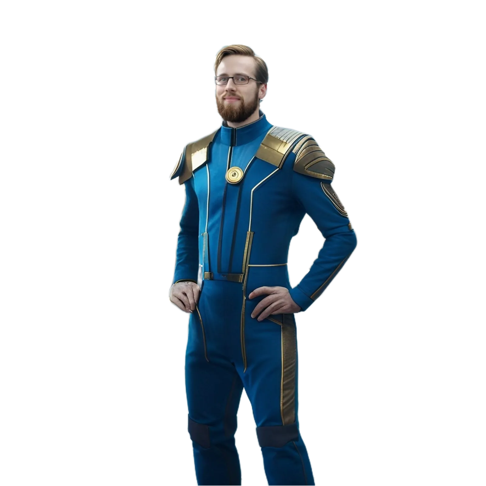 Christoffer Vuolo Junros in a blue science fiction uniform